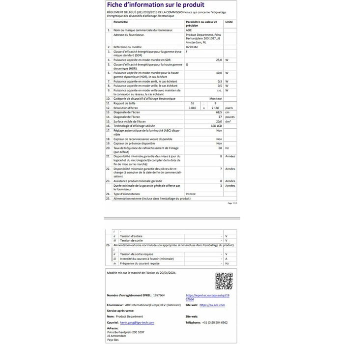 Monitor Gaming AOC U27B3AF 4K Ultra HD 27"