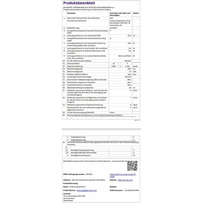 Monitor Gaming AOC U27B3AF 4K Ultra HD 27"