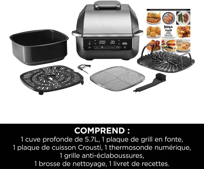 Ninja EG351EU - Gril et friteuse sans huile 5-en-1 - 5,7L - 5 programmes de cuisson (Grill, Rôtir, Four, Déshydrater, Friture) - Thermosonde - 1760W