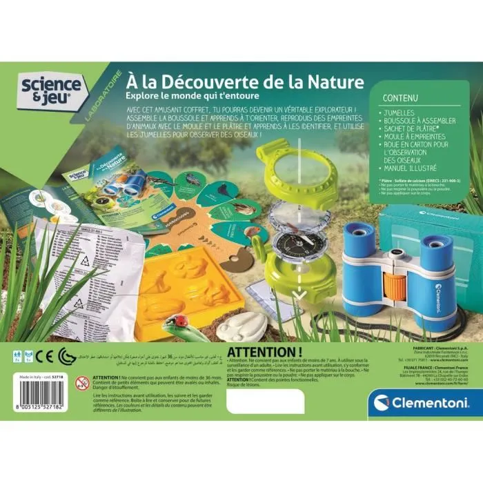 Clementoni - À la Découverte de la Nature - Coffret d'Exploration Scientifique - Boussole, Jumelles et Moulage d'Empreintes - Jeu Éducatif