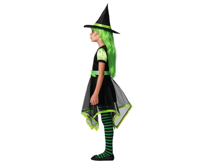 Déguisement Fille Sorcière avec Robe Courte Verte, Jupe Asymétrique et Chapeau Pointu - Taille 5-6 Ans - Idéal pour Halloween et Fêtes