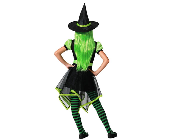 Déguisement Fille Sorcière avec Robe Courte Verte, Jupe Asymétrique et Chapeau Pointu - Taille 5-6 Ans - Idéal pour Halloween et Fêtes