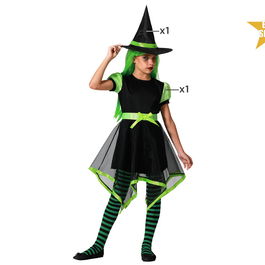Déguisement Enfant Fille Sorcière avec Robe Courte et Jupe Asymétrique Vert - Chapeau Pointu Inclus - Halloween, Carnaval - Taille 5-6 Ans