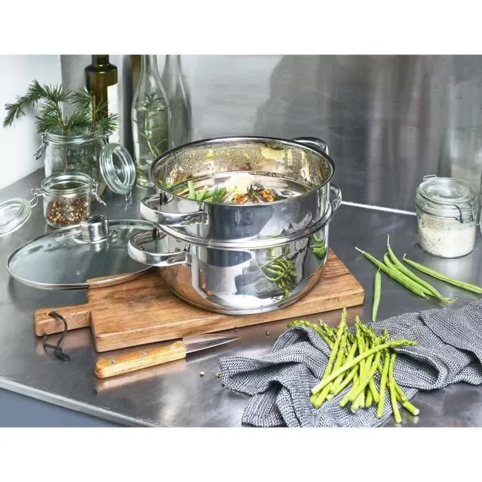 Baumalu Combiné vapeur 24 cm 2 corps en acier inoxydable, compatible lave-vaisselle, couleur grise