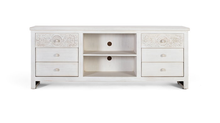 GINER Y COLOMER Meuble TV avec 6 tiroirs et 2 espaces ouverts, en bois de manguier blanc vieilli, 180 x 40 x 70 cm GINER Y COLOMER Meuble TV avec 6 tiroirs et 2 espaces ouverts, en bois de manguier blanc vieilli, 180 x 40 x 70 cm