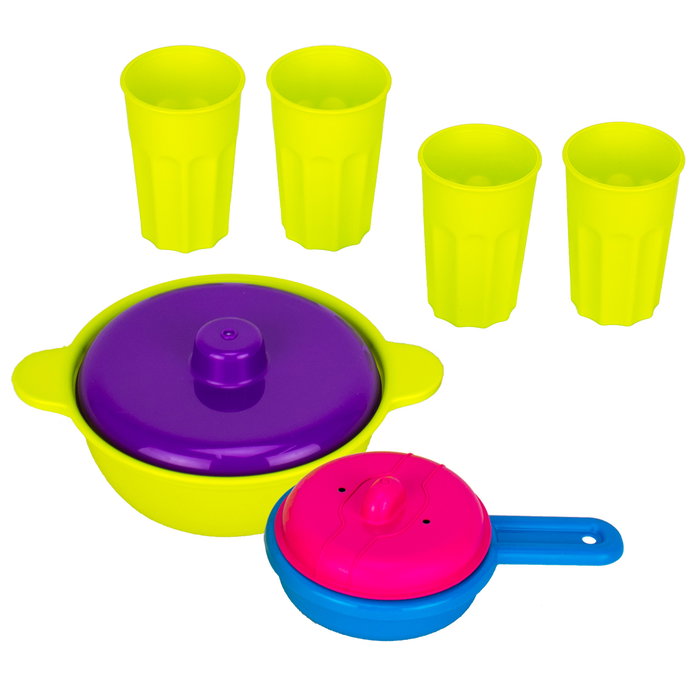 Tachan Set de Vaisselle de Cuisine pour Enfant en Plastique - 6 Pièces avec 4 Verres et 2 Casseroles - Jeu d'Imitation Développement Créatif - Recommandé à Partir de 3 Ans
