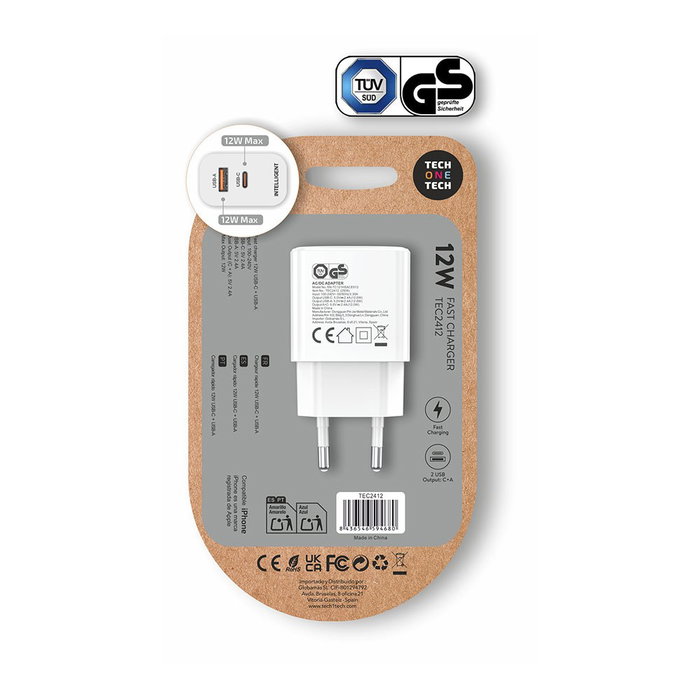 Tech One Tech Chargeur USB-C + USB-A 12 W Blanc
