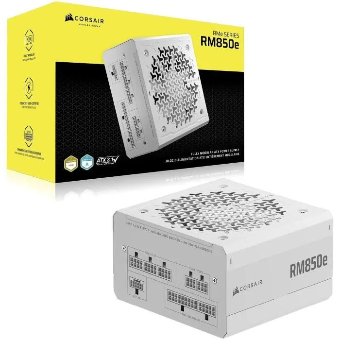Corsair Alimentation PC RMe White Series RM850e CP-9020293-EU, 850W ATX 3.1, Certifiée 80 PLUS Gold, 20+4 pins, Refroidissement Actif, 150 x 140 x 86 mm