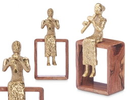 Giftdecor Figurine Métal Flûte Dorée avec Support Bois 13x27x13 cm (Set de 6)