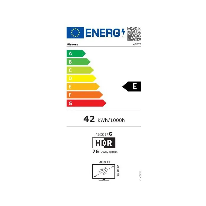 Hisense 43E7S - Téléviseur 43" (108 cm) QLED 4K Ultra HD 3840x2160, HDR10+, Smart TV Vidaa, 3x HDMI 2.1, WiFi