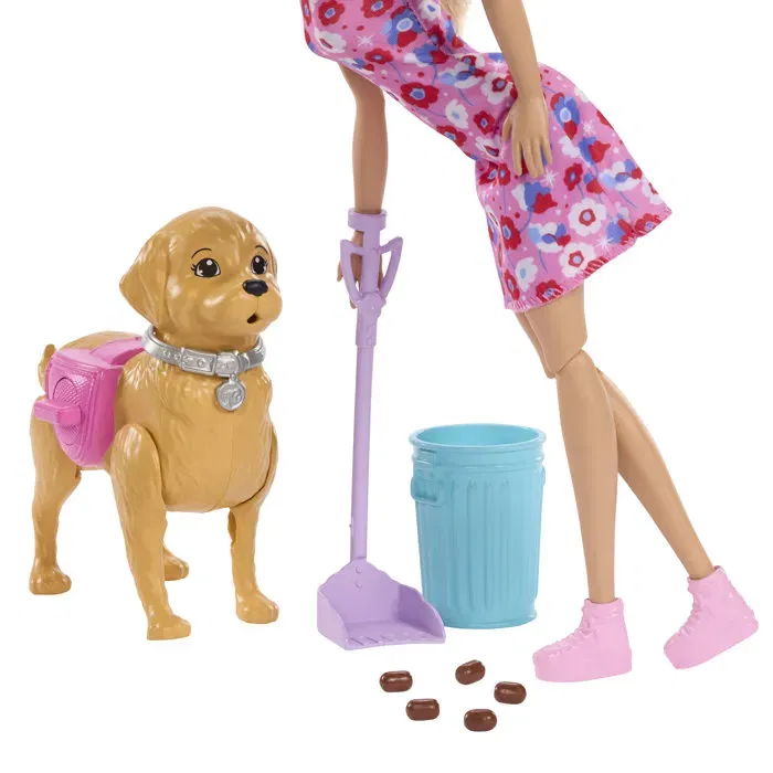 Mattel - JJB46 - Poupée Barbie avec Chiot Interactif qui Marche, Fait ses Besoins, Accessoires Inclus