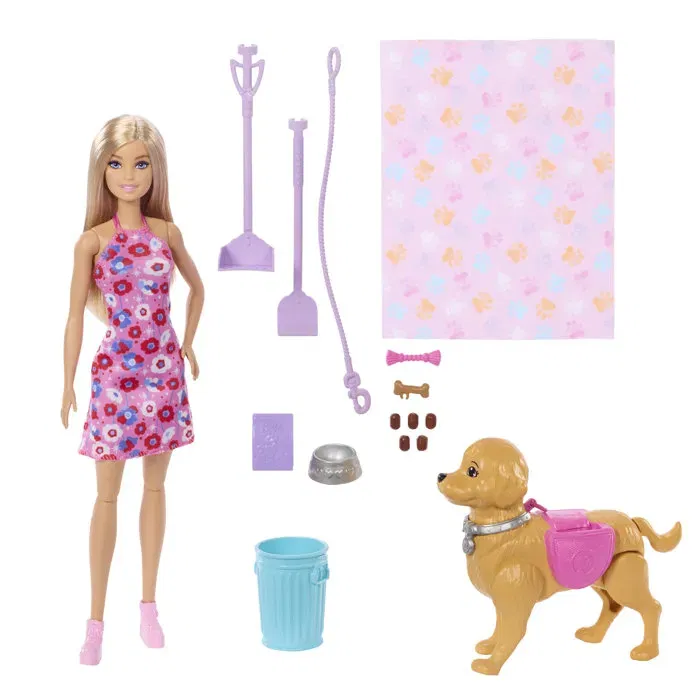 Mattel - JJB46 - Poupée Barbie avec Chiot Interactif qui Marche, Fait ses Besoins, Accessoires Inclus
