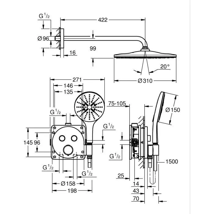 GROHE Ensemble de douche encastrée à mitigeur thermostatique et pomme haute 31 cm - Multijets - Réf. 34877000 - Finition chromée