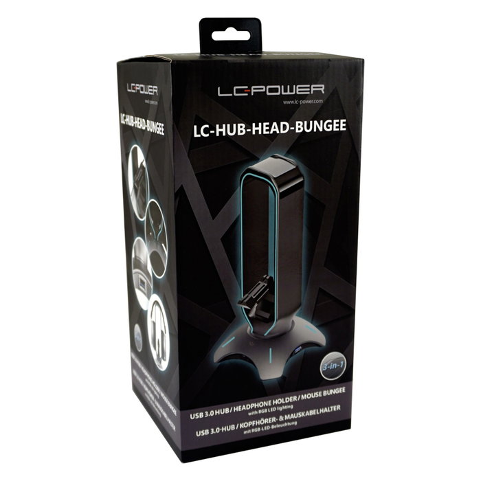 LC-Power LC-HUB-HEAD-BUNGEE Hub USB 3.0 avec support casque et bungee souris, Noir LC-Power LC-HUB-HEAD-BUNGEE Hub USB 3.0 avec support casque et bungee souris, Noir
