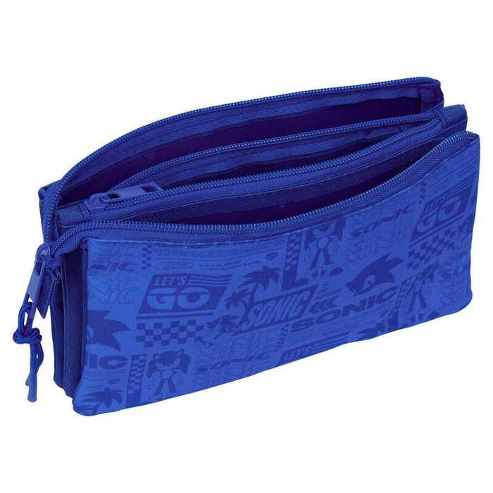 SAFTA - Porte-tout triple Sonic the Hedgehog avec 3 compartiments et poche intérieure zippée - 22 x (3) x 12 cm