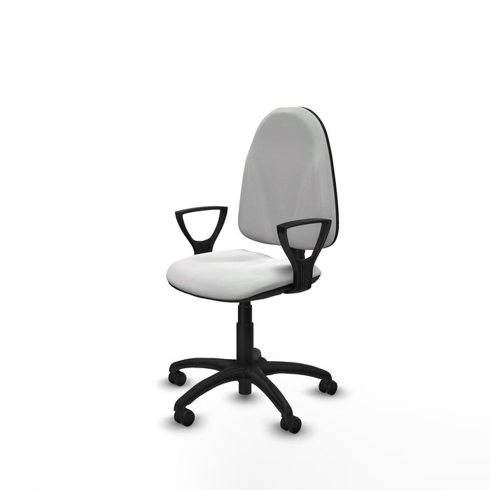 Chaise de bureau Algarra avec mécanisme de contact permanent de base, rembourrée de tissu blanc. Équipée d'une base en polyamide noir, d'accoudoirs fixes et de roulettes pour parquet.