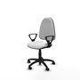Chaise de bureau Algarra avec mécanisme de contact permanent de base, rembourrée de tissu blanc. Équipée d'une base en polyamide noir, d'accoudoirs fixes et de roulettes pour parquet.