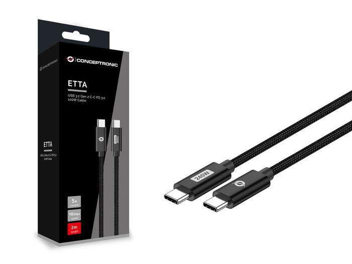 Conceptronic ETTA03B12 Câble USB-C 1.2 m - Charge rapide 240W PD, Noir