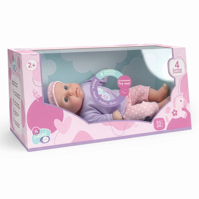 TACHAN Poupée de corps souple avec sons, tenue lilas, 31 cm TACHAN Poupée de corps souple avec sons, tenue lilas, 31 cm
