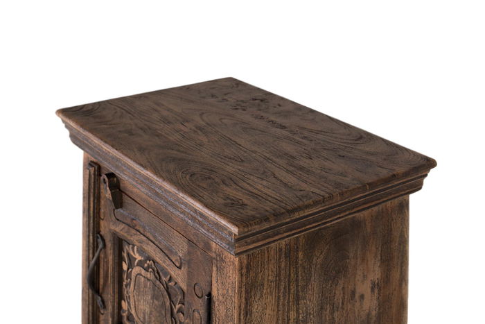 GINER Y COLOMER Table de nuit en bois de manguier massif style rustique avec porte à motif floral, marron foncé - Idéale salon ou chambre