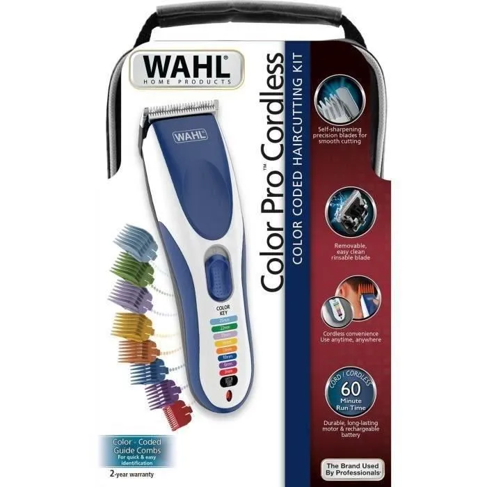 Wahl Tondeuse Cheveux sans Fil Color Pro Cordless, Lames Rinçables, Autonomie 60 min, 2 Guides Couleur Coupe 1-25 mm, 2 Ans Garantie