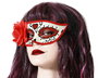 Antifaz blanc à détails rouges et fleur latérale pour déguisement de Catrina - Masque mexicain inspiré du Jour des Morts