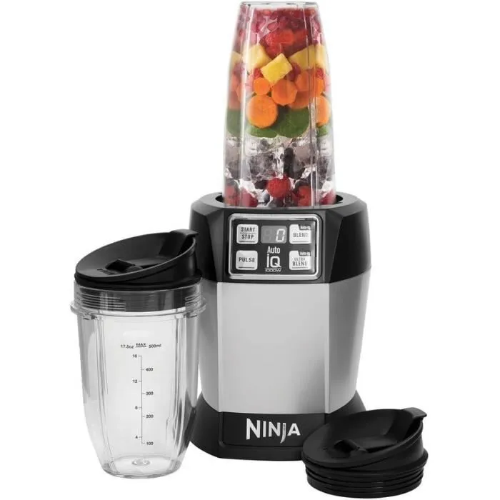 Ninja Blender BN495EU - 1000 W - 2 Gobelets 700 ml - Gris Noir - Technologie Auto-iQ - Mixeur pour Smoothies, Fruits, Légumes, Noix et Glace