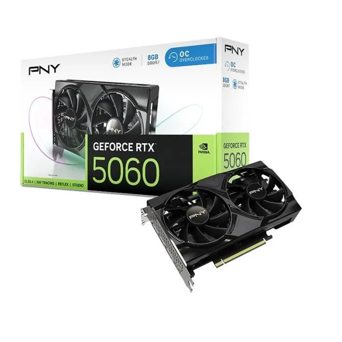 PNY - Carte Graphique NVIDIA GeForce RTX 5060 8 Go GDDR6 - Overclocked, Dual Fan, DLSS 4 - Pour Gaming 4K/8K PNY - Carte Graphique NVIDIA GeForce RTX 5060 8 Go GDDR6 - Overclocked, Dual Fan, DLSS 4 - Pour Gaming 4K/8K