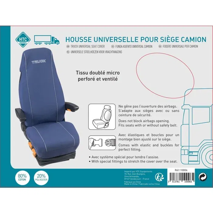 HTC Equipements Housse universelle matelassée pour siège de camion, bleue avec logo TRUCK, 80% coton 20% polyester, système d'ajustement et compatible airbags