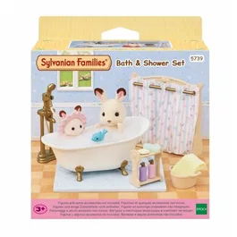 Sylvanian Families 5739 - Ensemble de salle de bain avec baignoire, douche, carrelage, rideau, panier à linge, serviette et accessoires