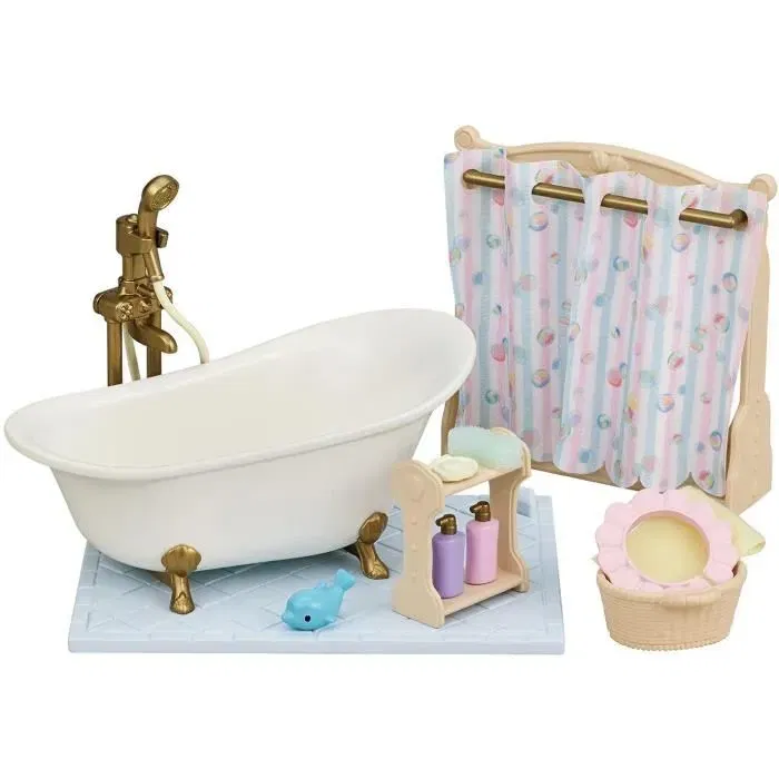 Sylvanian Families 5739 - Ensemble de salle de bain avec baignoire, douche, carrelage, rideau, panier à linge, serviette et accessoires Sylvanian Families 5739 - Ensemble de salle de bain avec baignoire, douche, carrelage, rideau, panier à linge, serviette et accessoires