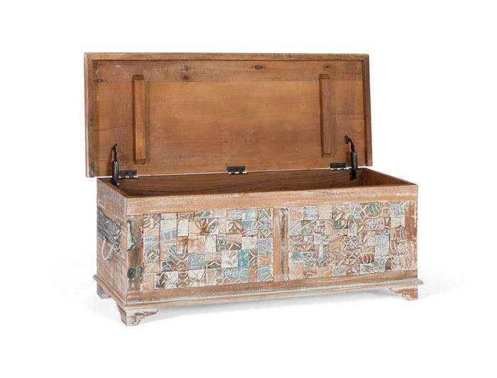 GINER Y COLOMER Mueble baûl coffre de rangement en bois de manguier et bois recyclé, finition multicolore rustique - 106 x 41 x 36 cm