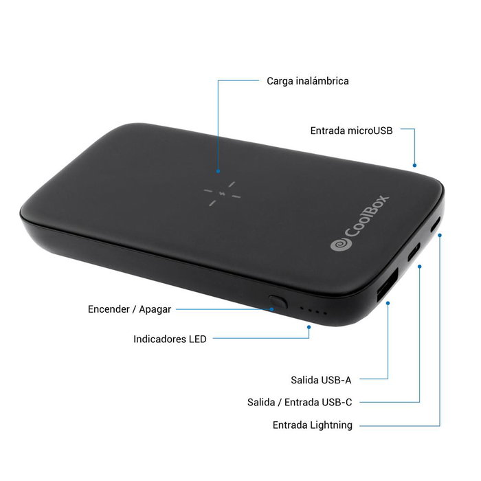 Coolbox Powerbank Qi 10000mAh Noir Batterie Externe Portative