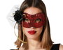 Masque vénitien rouge brillant pour carnaval femme adulte avec décoration paillettes, fleur noire et rubans dorés - Antifaz