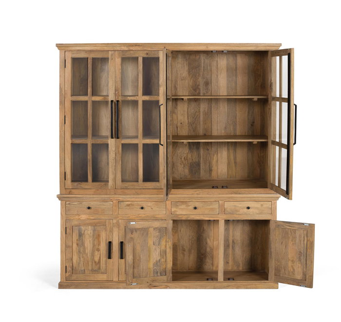 GINER Y COLOMER Alacena en bois de manguier massif 226 cm, finition naturelle, avec 4 portes vitrées, 4 portes pleines et 4 tiroirs