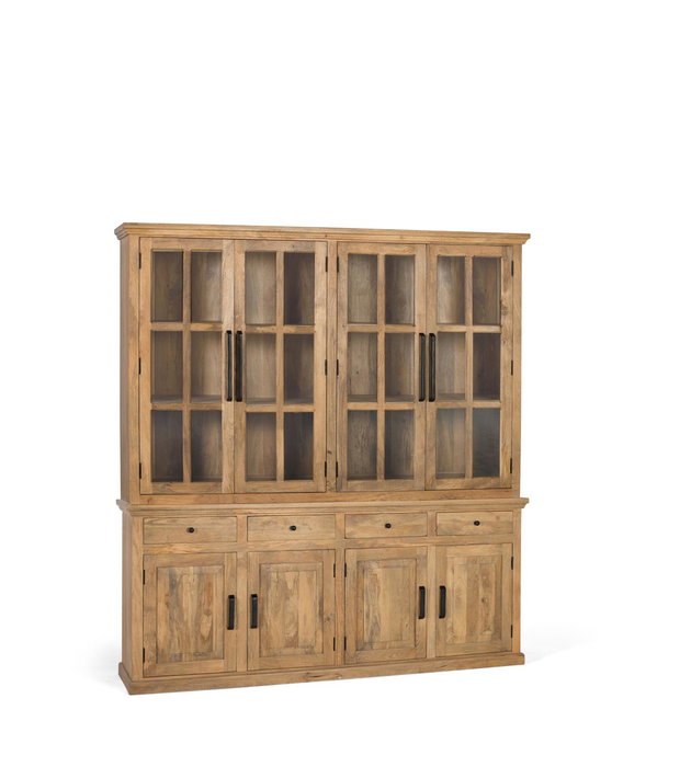 GINER Y COLOMER Alacena en bois de manguier massif 226 cm, finition naturelle, avec 4 portes vitrées, 4 portes pleines et 4 tiroirs