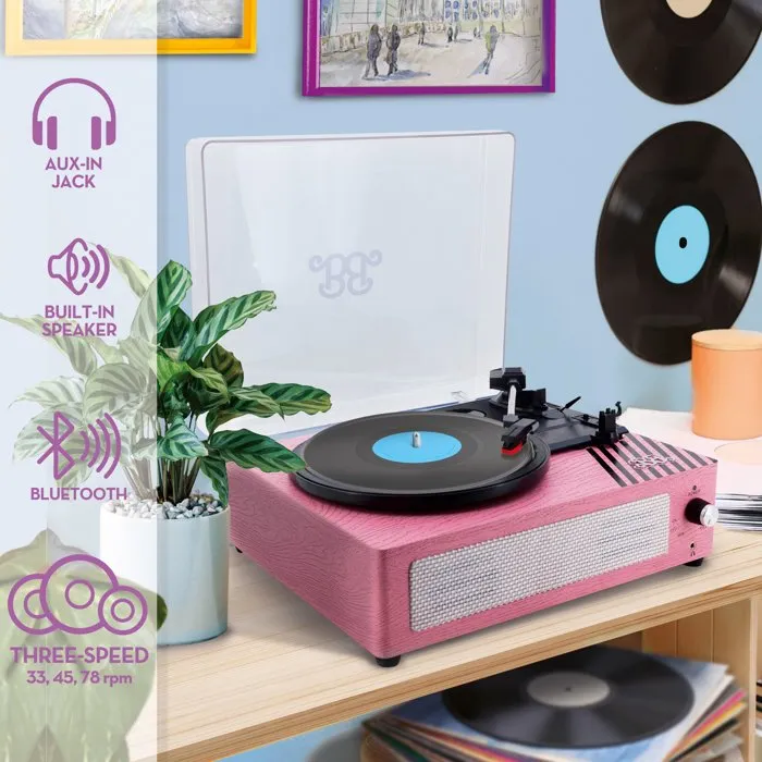 Liscianigiochi Platine Vinyle Vintage avec Haut-parleurs Intégrés - 3 Vitesses (33/45/78 RPM) - Connexions Bluetooth, RCA, AUX et Jack - Design Rétro en Bois - Rose