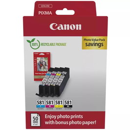 Canon CLI-581 Pack Multipack Noir et Couleur avec Papier Photo Satiné 200 pages Noir et Blanc + 250 pages Couleur Compatible PIXMA ChromaLife100