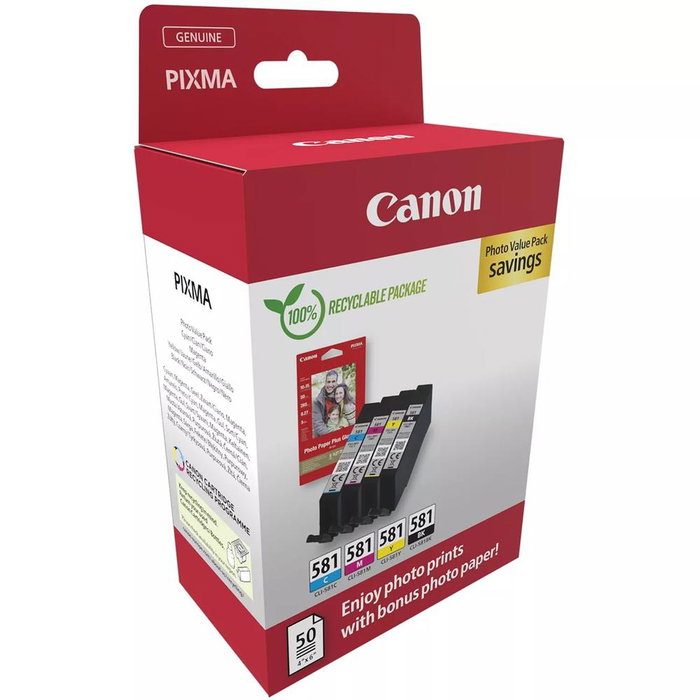 Canon CLI-581 Pack Multipack Noir et Couleur avec Papier Photo Satiné 200 pages Noir et Blanc + 250 pages Couleur Compatible PIXMA ChromaLife100