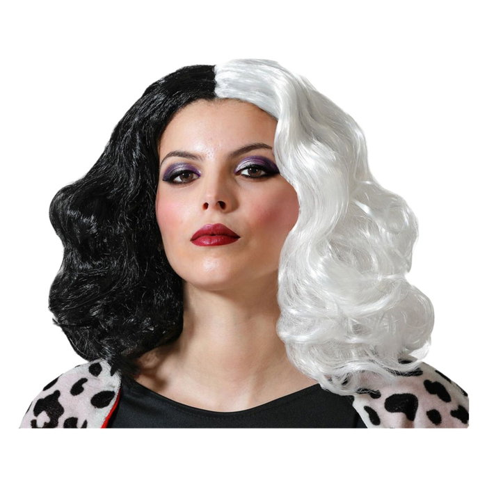 BigBuy Carnival Perruque Longue Ondulée Blanc et Noir BigBuy Carnival Perruque Longue Ondulée Blanc et Noir