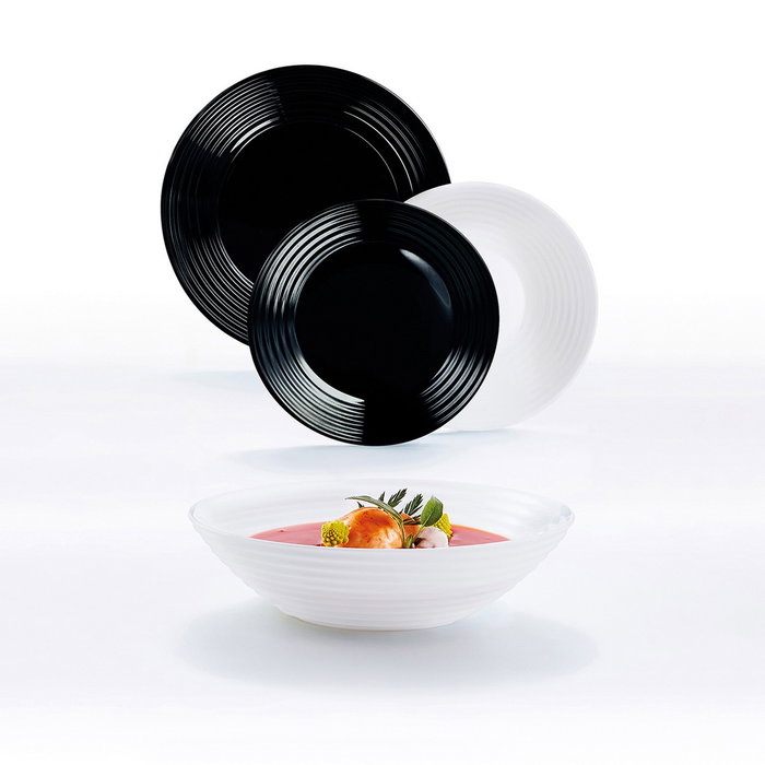 Luminarc Vaisselle 18 Pièces Harena N&B Verre Blanc et Noir Pour 6 Personnes