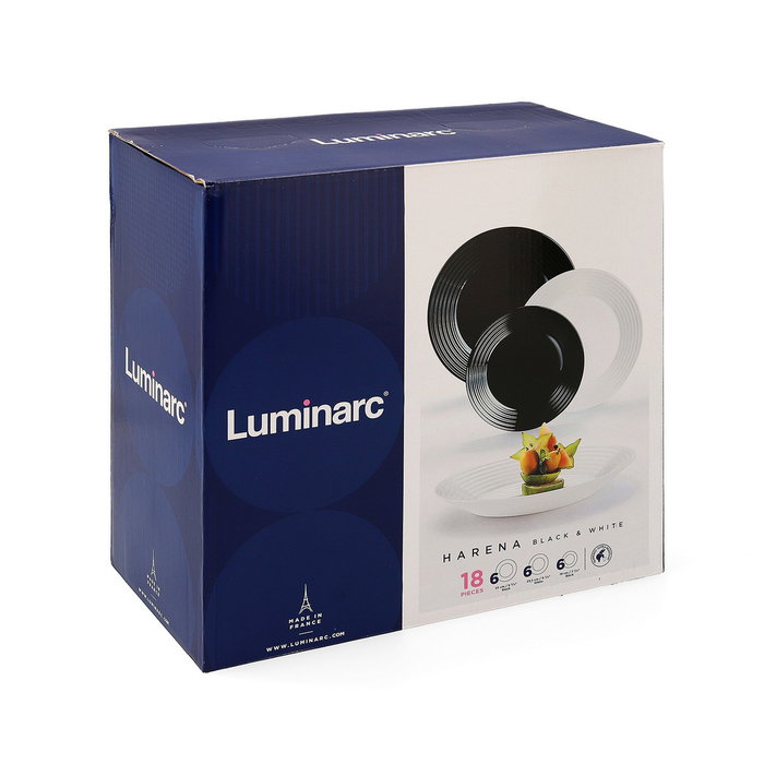 Luminarc Vaisselle 18 Pièces Harena N&B Verre Blanc et Noir Pour 6 Personnes