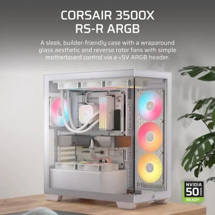 Corsair 3500X RS-R ARGB Boîtier PC Mid-Tour Blanc en Verre Trempé - 3 Ventilateurs ARGB à Rotor Inversé - Refroidissement Évolutif