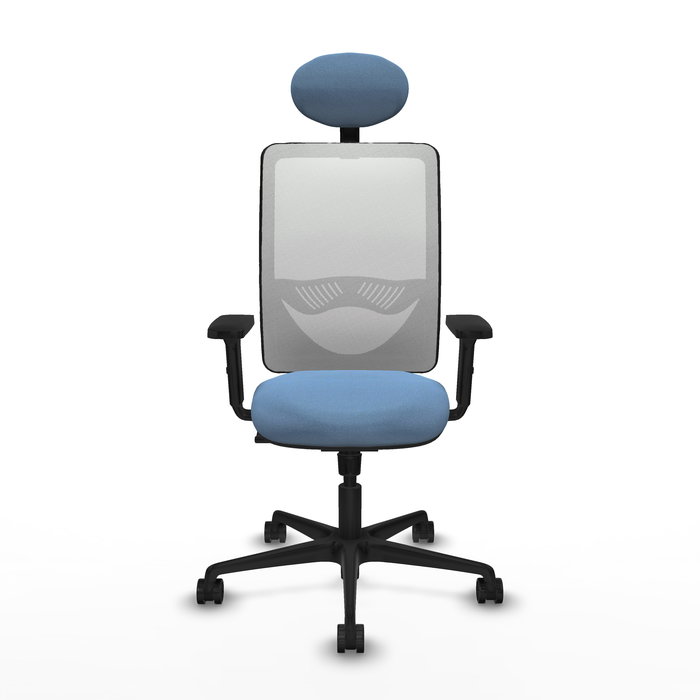 Chaise Zulema Synchro 3 positions tissu Bleu ciel Maille Blanc Base en nylon noir Accoudoir 2D Appui-tête Roulettes 65mm nylon