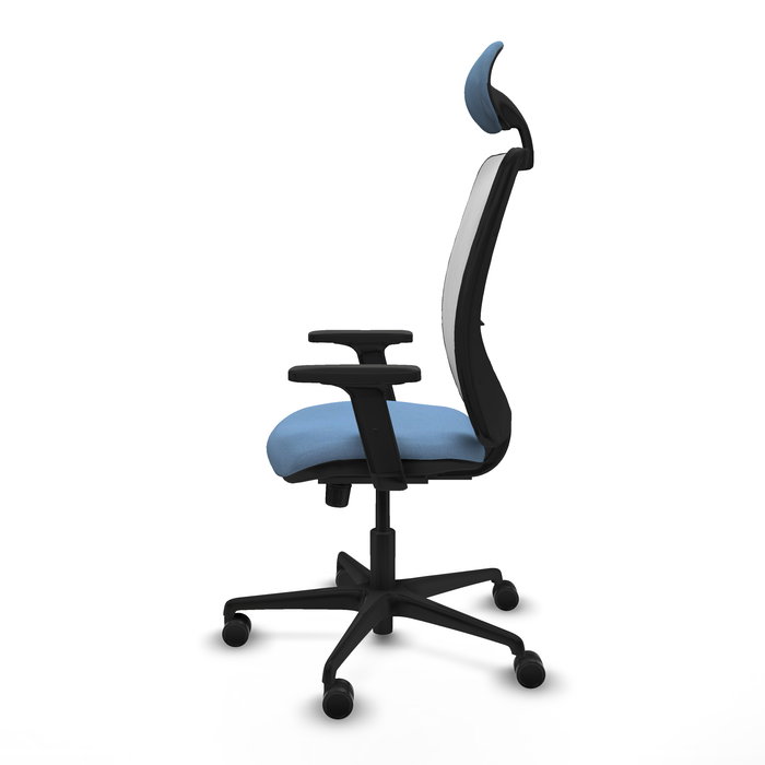 Chaise Zulema Synchro 3 positions tissu Bleu ciel Maille Blanc Base en nylon noir Accoudoir 2D Appui-tête Roulettes 65mm nylon