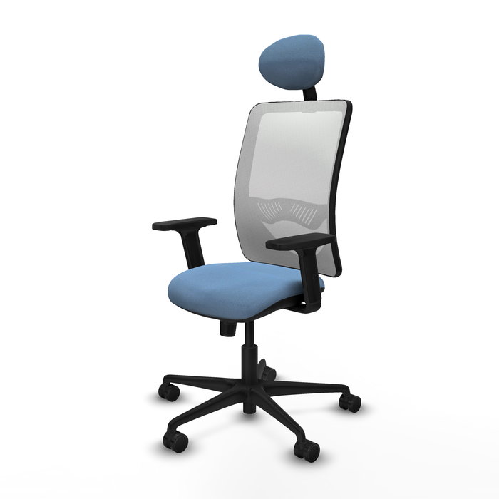 Chaise Zulema Synchro 3 positions tissu Bleu ciel Maille Blanc Base en nylon noir Accoudoir 2D Appui-tête Roulettes 65mm nylon