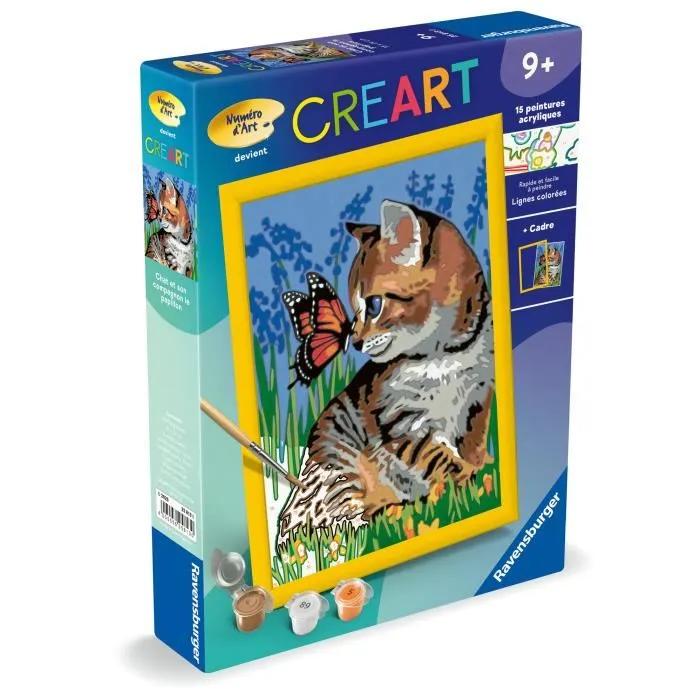 Ravensburger Kit de Peinture par Numéros CreArt Kids, Réf. 25813, Chat et Papillon, 18x24 cm avec Cadre, Peinture Pré-Peinte, Dès 9 Ans