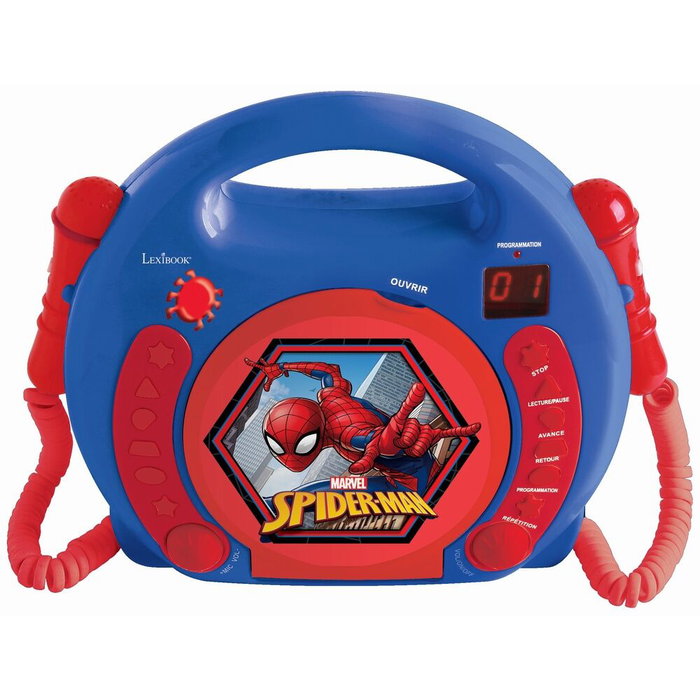 LEXIBOOK Micro pour enfants Karaoke Spiderman Marvel avec deux microphones, lecteur CD, prise casque - Jouet dès 3 ans