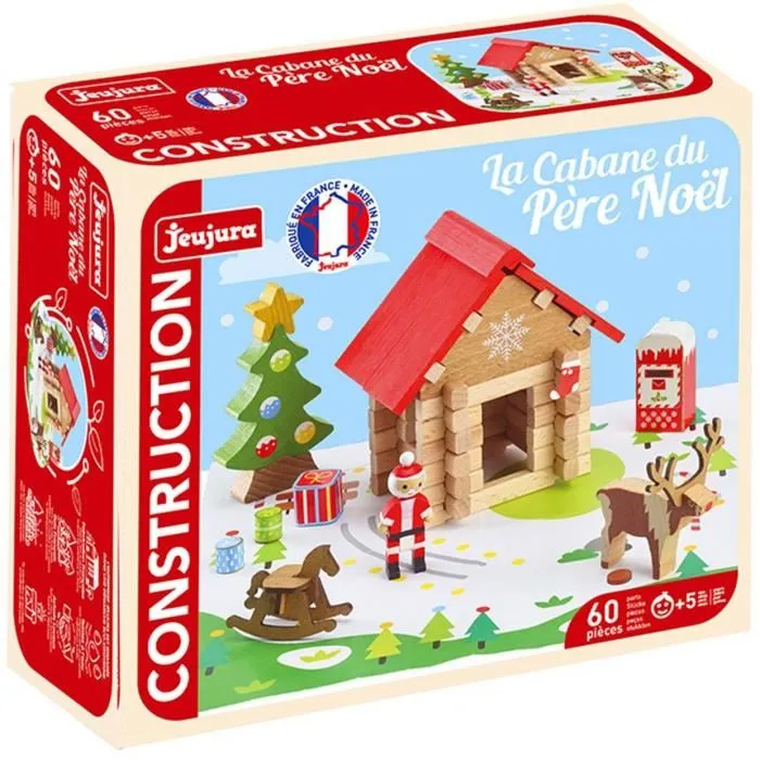 Jeujura - Jeu de construction en bois La Cabane du Père Noël - 60 pièces - Coffret 22 x 18,5 x 8,5 cm avec accessoires et tapis de jeu - À partir de 5 ans