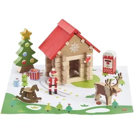 Jeujura - Jeu de construction en bois La Cabane du Père Noël - 60 pièces - Coffret 22 x 18,5 x 8,5 cm avec accessoires et tapis de jeu - À partir de 5 ans